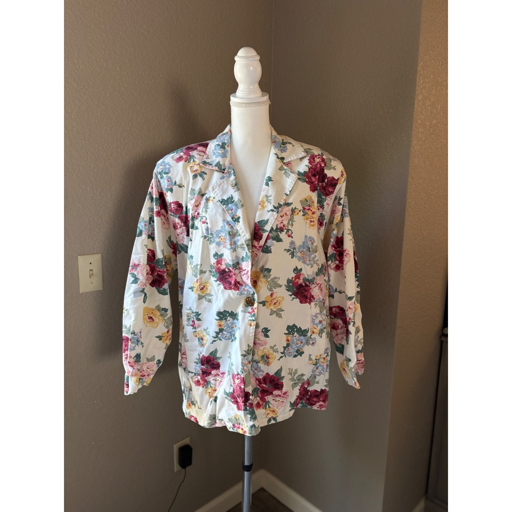 On The Verge Vintage Floral Cotton Blazer Jacket Cream Pink Made in USA Large
